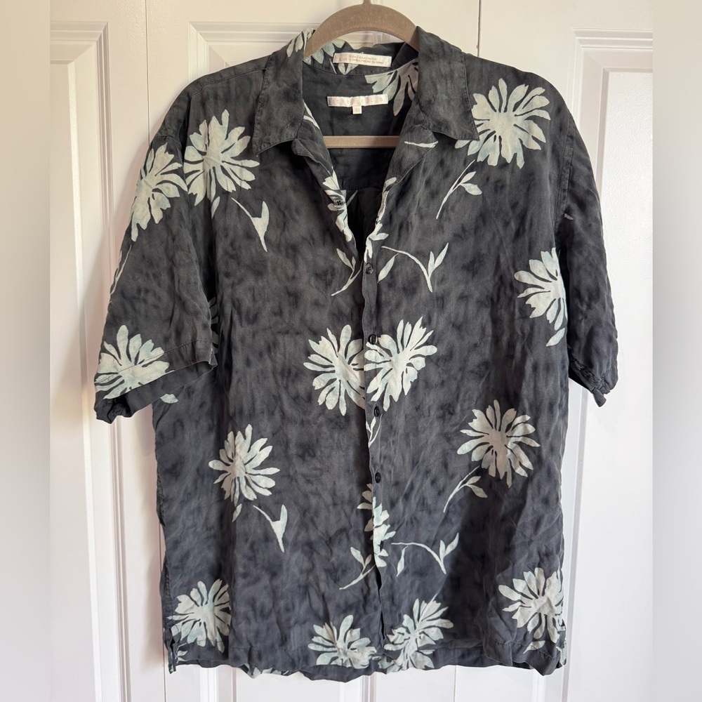Vintage Perry Ellis Silk Size L Camp Collar Black Floral Button Up Shirt Black